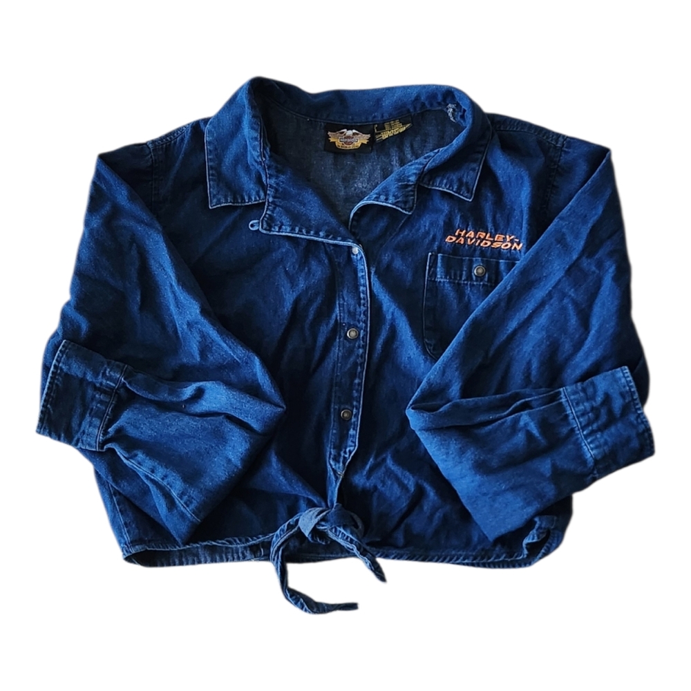 Vintage Harley-Davidson Blue Denim Womens XL Cropped Long-Sleeve Button Up Top